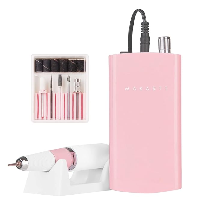 Makartt Nail Drill, Rechargeable Nail E File 30000RPM Electric Nail File, Malory Pink Portable Gel Nail Remover Machine with Nail Drill Bits & Sanding Bands for Manicure Salon Home Use