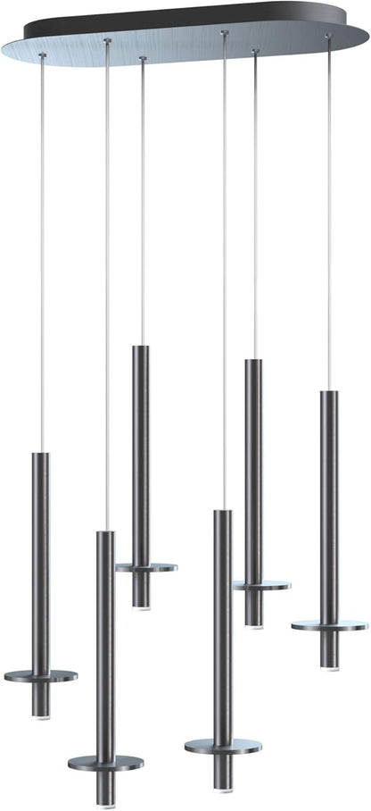Draco 6 Pendant Lighting Nickel – LED Hanging Light Fixture for Kitchen Island, Bar, Foyer – Equilateral Cluster of Mini Metal Rod Pipe Tube Cylinders – Dimmable, Adjustable Wire, Lamp Bulb Included