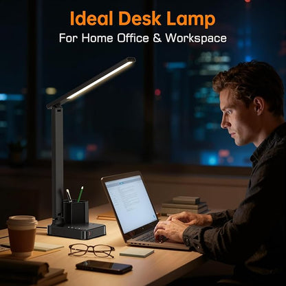 cozoo LED Desk Lamps for Home Office, Modern Dimmable Eye Caring Desk Light with USB Charging Ports AC Outlet, Pen Holder,Touch/Memory/Timer, Kids Small Table Lamp for Reading, Bedroom, Study, Craft