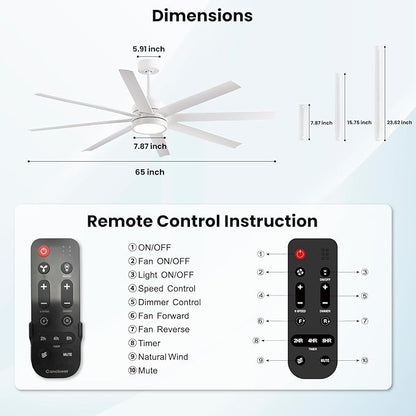 Modern Ceiling Fans with Lights, 65 Inch Ceiling Fan with Light and Remote for Bedroom Living Room Kitchen Office, Indoor/Outdoor Use, 24W 3CCT 8 Blades 6 Speed Reversible Quiet DC Motor, White