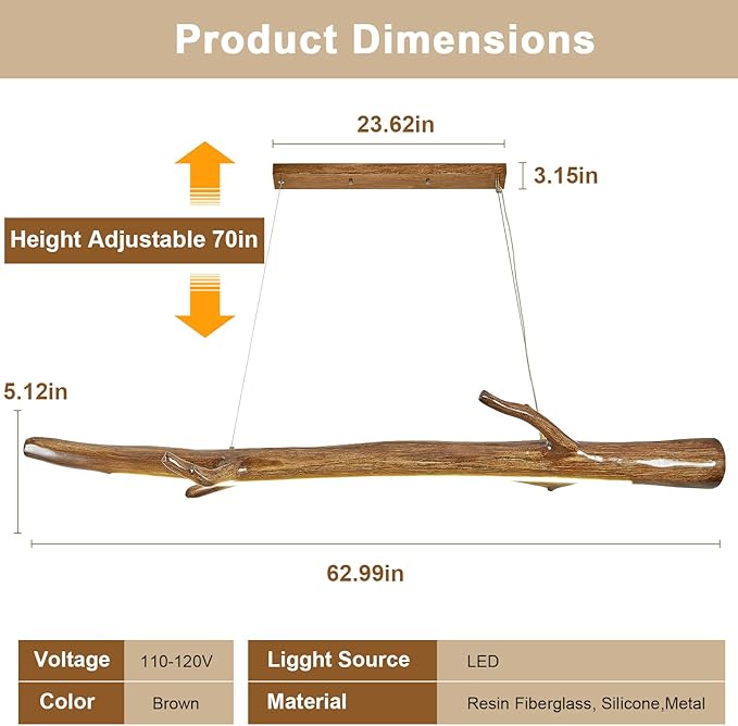63in Wood Linear Pendant,Modern Dimmable Hanging Light Adjustable Kitchen Island Linear Chandelier for Dining Room Pool Table Light