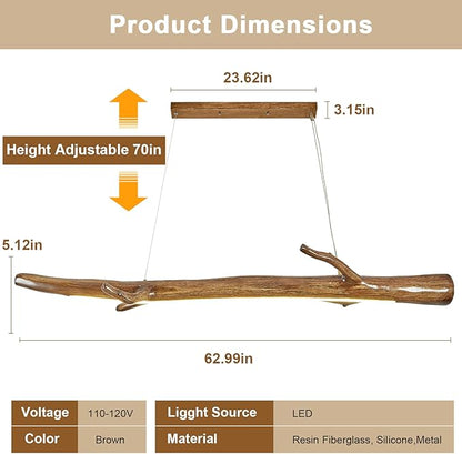 63in Wood Linear Pendant,Modern Dimmable Hanging Light Adjustable Kitchen Island Linear Chandelier for Dining Room Pool Table Light