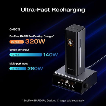 EF ECOFLOW Rapid Pro Power Bank (27650mAh, 300W Max Output, 140W Built-in Cable), 4-Port Portable Charger, TSA-Approved, Up to 320W Recharge, Compatible with MacBook, iPhone 17/16/15, Galaxy, Laptop