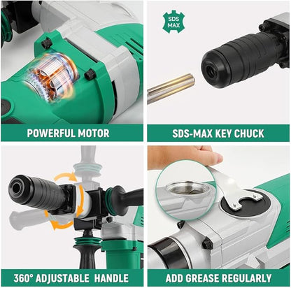 Hoteche Electric Demolition Jack Hammer 1500W Heavy-Duty SDS-MAX Concrete Breaker with Flat & Point Chisel