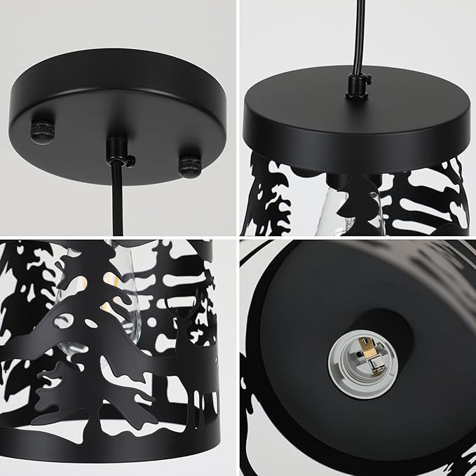 2 Pack Rustic Pendant Lights with Bear and Deer Design, 1-Light Black Round E26 Base Cage Metal Fixture Adjustable Hanging Height for Kitchen Island, Hallway, Dining Room, Foyer, Bedroom