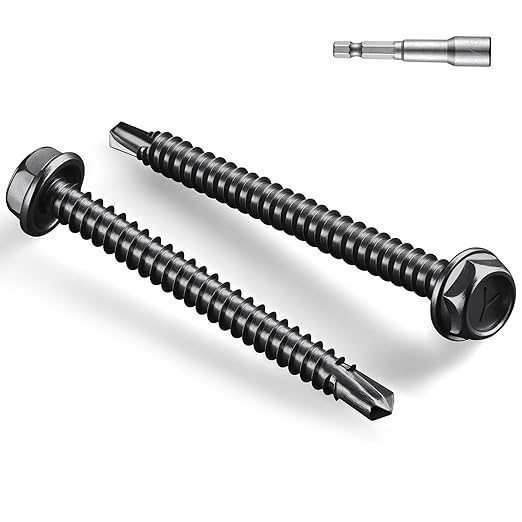 #10 x 2 Inch Self Drilling Screws, (65pcs) 1 lbs Black Self Tapping Screws for Metal, 410 Stainless Steel Hex Washer Head Sheet Metal Screw