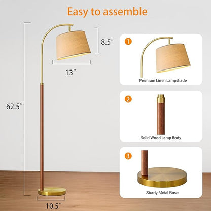 62.5" Wood Floor Lamp for Living Room Gold with Foot Switch Arc Standing Tall Lamps for Bedroom Mid Century Modern Corner Floor Lamps for Office Nursery Industrial Reading Light Room Lamp