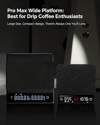Rechargeable Coffee Scale with Timer - Large Digital Pour-Over Scale, 2kg/0.1g Precision for Espresso Weight, Drip, Auto Tare, Brew Ratio, 3 Modes, 1500mAh for Long Standby, Black