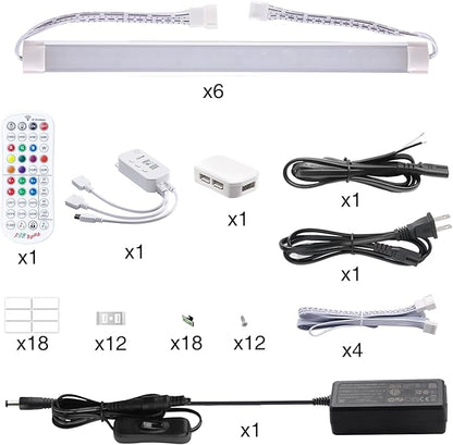 LABOREDUCER RGB Under Cabinet Lights,6 Pack Plug in or Hardwired Linkable RGB LED Closet Light with Remote and APP Control,24V Under Cabinet Lighting for Kitchen Closet Counter 18W(RGB+Warm White)