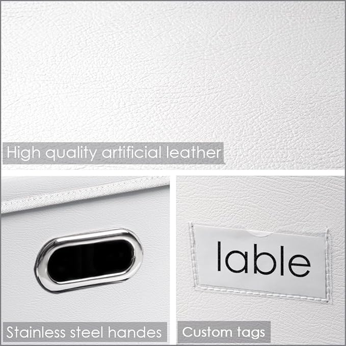 PRANDOM Collapsible Storage Box with Lid [1-Pack] Leather Fabric Foldable Storage Bin Organizer Container Basket Cube with Cover for Home Bedroom Closet Office Nursery White (13.6x9.6x6.9)