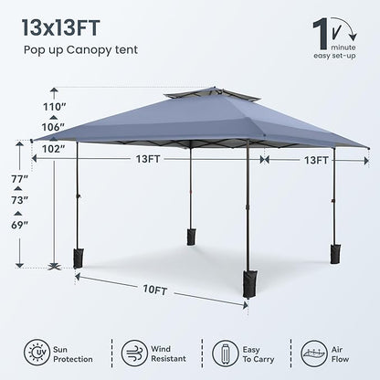 PHI VILLA 13x13 Pop Up Canopy Tent Instant Outdoor Canopy Easy One Push Tent Canopy with Wheeled Carry Bag, Straight Legs 169 Square Feet of Shade, Grey