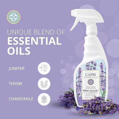 CAPRI ESSENTIALS All Purpose Cleaner, Natural Household Cleaning Supplies, Plant Based Kitchen Counter Surface Spray, Removes Dirt & Grime, Blend of Essential Oils, White Lavender, 23 FL Oz (6 Pack)