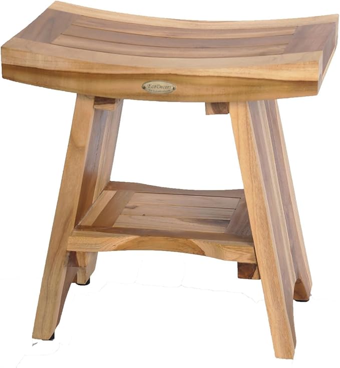 EcoDecors Teak Shower Bench 18", 300 lb Capacity – Waterproof Wood Bath Seat with Shelf, Spa Seating for Adults – Compact Fit for Small Bathrooms & Walk-in Showers – Slip-Resistant Feet