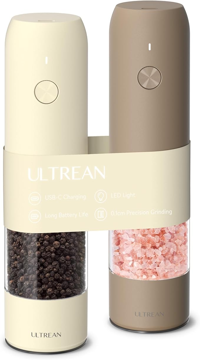 Ultrean Electric Pepper Grinder, Rechargeable Salt and Pepper Grinder with 6 Adjustable Coarseness, LED Light, One-Hand Automatic Operation, Brown&Cream