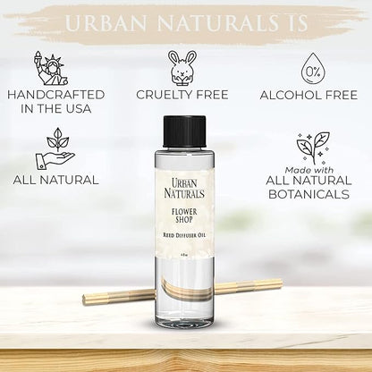 Urban Naturals Reed Diffuser Oil Refill Flower Shop, Violets, Daisies, Hyacinth, Rose Petals, 4 oz + Free Reed Sticks, Made in the USA