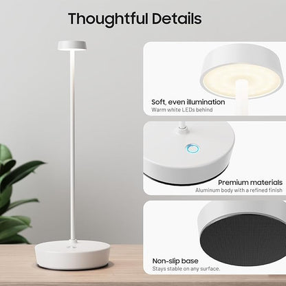 Cordless LED Table Lamp，Rechargeable Battery Desk Lamps, 3 Color Stepless Dimmable Metal Battery Table Lamps, Portable Waterproof Table Light for Restaurants/Bedroom/Bar (White)