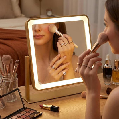 Vanity Mirror with Lights, 12"×14" Makeup Mirror with Lights, LED Makeup Mirror, Brightness Adjustable, Smart Touch with 3 Color Lighting Modes, for Bedroom Tabletop - Gold