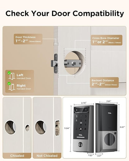 TCL Palm Vein Smart Lock D2 Pro, Wi-Fi Keyless Entry Deadbolt Door Lock, Built-in Doorbell, Key Fob, App Control, Auto Lock, Rechargeable Battery, Works with Alexa & Google Lock for Front Door