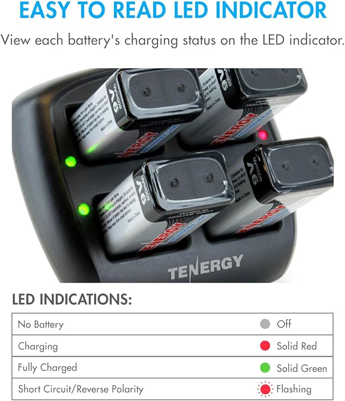 Tenergy TN294 4 Bay 9V Li-ion Battery Charger and 8 Pack 9V 600mAh Li-ion Rechargeable Battery
