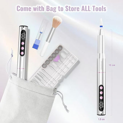 Electric Nail Drill Cordless, 35000RPM Portable Electric Nail File with LCD Display and 12 Nail Drill Bits for Acrylic & Gel Nails, Professional Manicure & Pedicure Kit Set Silver