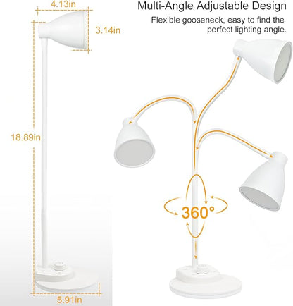 BOHON LED Desk Lamp with USB Charging Port, 3 Color Modes Dimmable Reading Lamp, Auto Dimming Task Lamp, Flexible Neck Table Light for Dorm Bedside, Adapter Include, White