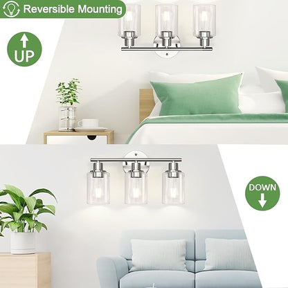 3-Light Bathroom Light Fixtures, Brushed Nickel Vanity Light, Farmhouse Wall Lights with Clear Glass Shade, Bathroom Wall Lamp for Mirror Kitchen Bedroom Hallway Living Room Hallway Cabinet