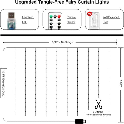 Fairy Curtain Lights Upgraded Tangle-Free Cool White USB Plug in 8 Modes String Hanging Lights with Remote for Christmas, Bedroom, Indoor, Outdoor, Weddings, Party (10 FT x 6.6 FT)