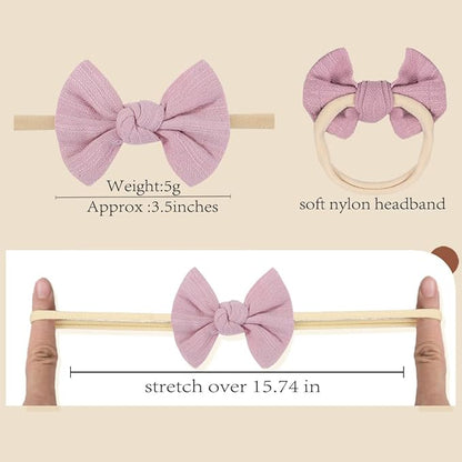 Baby Girl Linen Hair Bow Nylon Headband 12PCS, Soild Color Bow Hair Band, Handmade Head Accessories for Infant Newborn Toddlers Kids