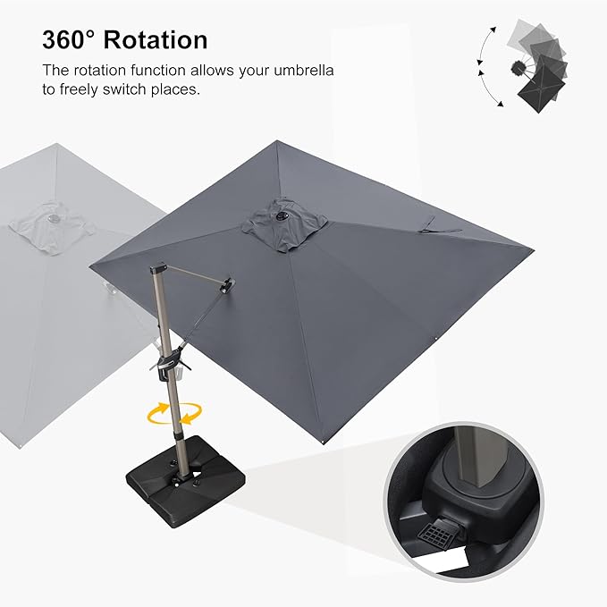 PURPLE LEAF 9' x 11' Patio Umbrella with Base Cantilever Umbrella Rectangular Outdoor Offset Umbrella with Champagne Frame and 360° Rotation for Garden Deck Pool, Grey