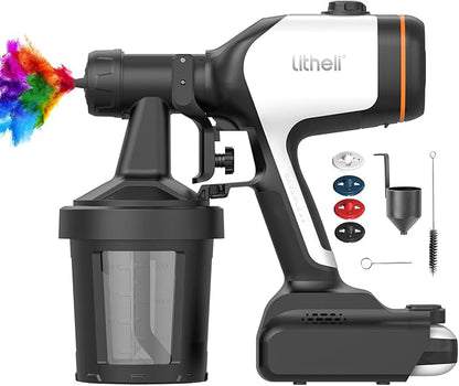 Litheli Cordless Paint Sprayer with Battery of 4.0Ah, HVLP Paint Sprayer Gun with Brushless Motor and 2 x 800ml Containers, Electric 800W Paint Sprayers with 4 Copper Nozzles for House and Furniture