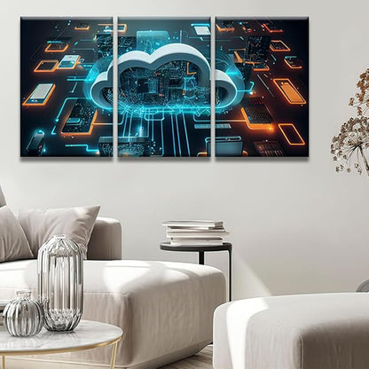Cloud Technology,Cloud Computing Pictures for Bedroom Wall Decor 3 Panel Wall Art Print on Canvas Posters and Prints Wall Hanging Decor Modern Home Decor Canvas Frame Artwork Ready to Hang 16x24inchx3