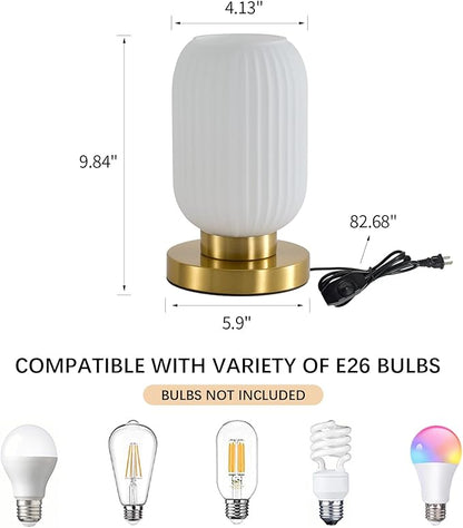 Dimmable White Glass Table Lamp: Mid Century Modern Nightstand Light with Milk White Shade - Small Decorative Brass Desk Lamp - Ribbed Glass Bedside Tables Lamps for Bedroom Living Room Bulb Excluded