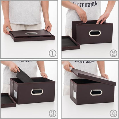PRANDOM Collapsible Storage Box with Lid [1-Pack] Leather Fabric Foldable Storage Bin Organizer Container Basket Cube with Cover for Home Bedroom Closet Office Nursery Brown (13.6x9.6x6.9)