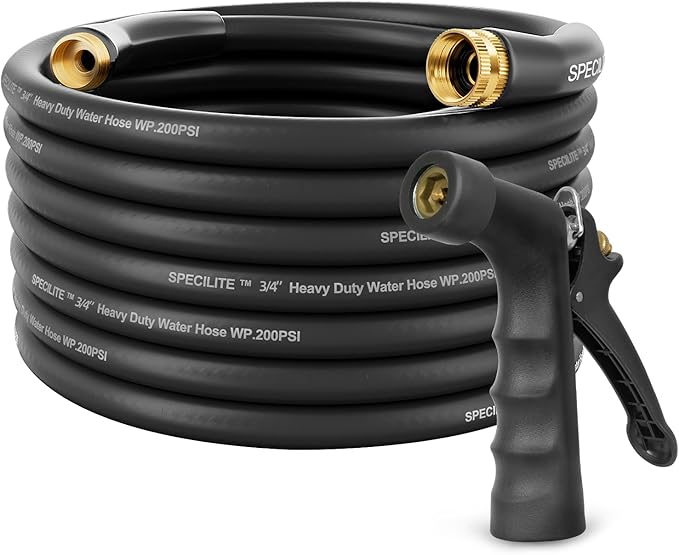 SPECILITE 3/4" Hot/Cold Garden Hose 50 ft with Industrial High Pressure Nozzle, Flexible & Lightweight, 600psi Burst Rubber Water hose -50℉-158℉ With 3/4" Brass Fittings for Yard, Black