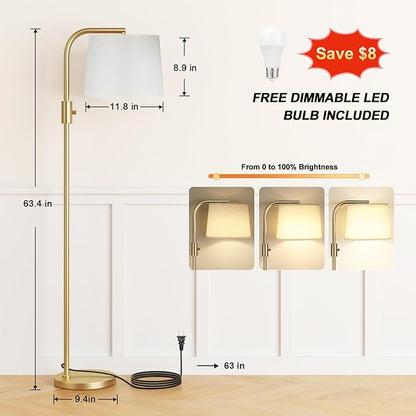 Ambimall 𝐅𝐮𝐥𝐥𝐲 𝐃𝐢𝐦𝐦𝐚𝐛𝐥𝐞 Floor Lamp - Floor Lamps with 9W 𝐋𝐄𝐃 Bulb, Standing Lamps for Living Room with Adjust Head, Modern Standing Tall Light Rotary Switch for Office(Gold and Beige)