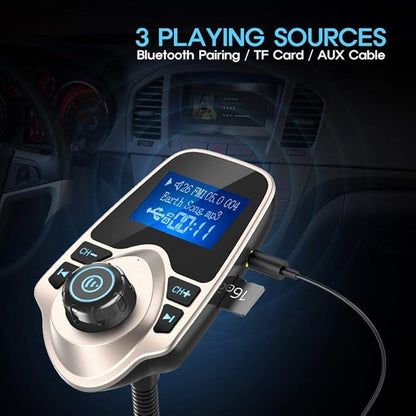 Nulaxy Bluetooth Car FM Transmitter Audio Adapter Receiver Wireless Handsfree Voltmeter Car Kit TF Card AUX 1.44 Display - KM18 Golden