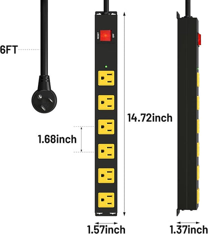 Heavy Duty 6 Outlet Metal Long Power Strip, 2700J Surge Protector with 15A Circuit Breaker, 6FT Extension Cord, Wall Mount for Garage, Workshop & Industrial Use, Wide Spaced (6ft)