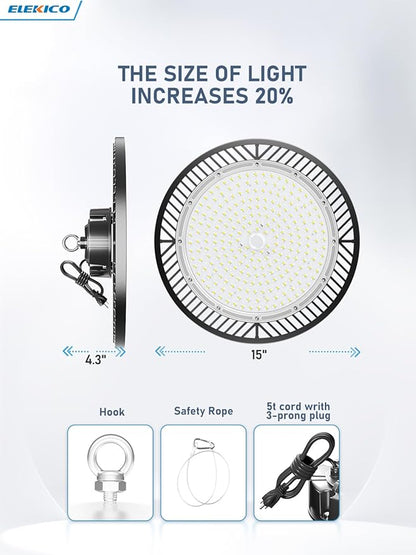 Upgrade 350w Led Shop Lights, 6 Pack Super Bright 52500lm 5000k UFO Led High Bay Light, High Bay Led Shop Lights with Us Plug 5' Cable for Garage Workshop Factory Barn Gym Warehouse