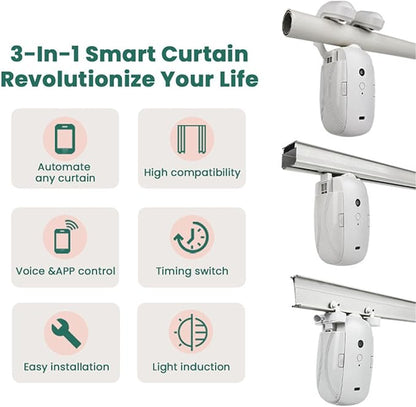 Automatic Curtain Opener and Closer, Smart Curtain Motor with App Timer, Remote Control Curtain Rail Curtain Opener Robot for Roman Rod Tracks