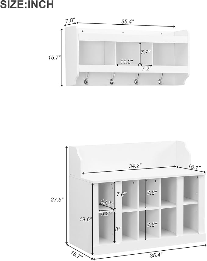 Shoe Storage Bench with Shelves and 4 Hooks, Entryway Hall Tree with Shoe Cabinet with Coat Rack