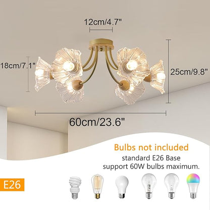 Gold Brass Flush Mount Ceiling Lights Fixture 6-Light Mid Century Modern Ceiling Light with Clear Glass Flower Shape Shade Sputnik Ceiling Lighting for Bedroom Living Dining Room