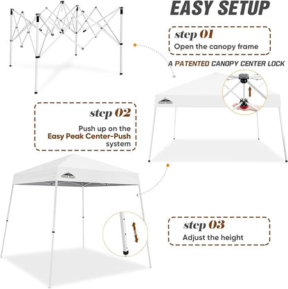 EAGLE PEAK 8x8 Slant Leg Pop-up Canopy Tent Easy One Person Setup Instant Outdoor Beach Canopy Folding Portable Sports Shelter 8x8 Base 6x6 Top (White)