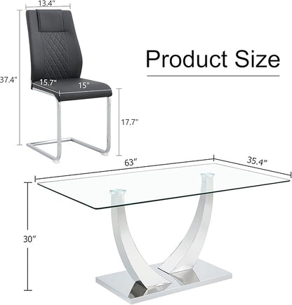 AZmac 63” Glass Dining Room Table Set for 4, Modern Kitchen Table and Chairs Set of 4, Dining Sets with Rectangular Tempered Glass and Sturdy Silver Chrome Base, for Kitchen Home