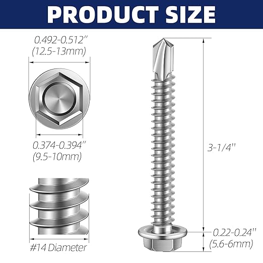 MewuDecor #14 x 3-1/4" (3/4" to 4" Available) Hex Washer Head Self Drilling Sheet Metal Screws with Drill Point, Stainless Steel 410, 25 PCS