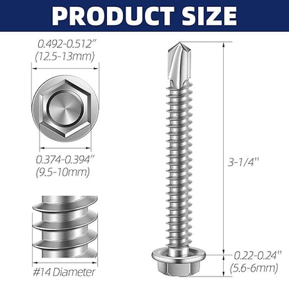 MewuDecor #14 x 3-1/4" (3/4" to 4" Available) Hex Washer Head Self Drilling Sheet Metal Screws with Drill Point, Stainless Steel 410, 25 PCS