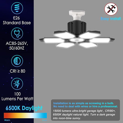 BRAINIAC LED Garage Light Bulb 150W 15000LM Deformable Garage Lights Ceiling led with 6 Adjustable Panels, E26/E27 Screw in Shop Lights for Basement Barn Porch
