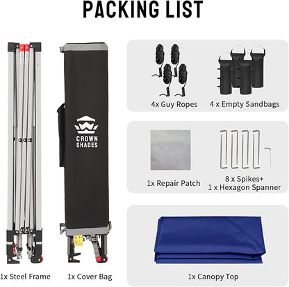 CROWN SHADES 8x8 Pop Up Canopy, Patented Center Lock One Push Instant Popup Outdoor Canopy Tent, Newly Designed Storage Bag, 8 Stakes, 4 Ropes, Silver-Coated Navy Blue