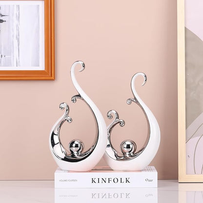 DOVDOV White and Silver Ceramic Abstract Statues Set of 2, Modern Art Deco Accents, Unique Home Decor, Coffee Table Decor, Shelf Decor, Room Decor, Coffee Table Decor Aesthetics.