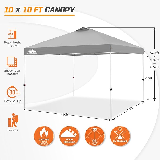 EAGLE PEAK Pop Up Canopy Tent with Wheeled Carry Bag, 8 Stakes, 4 Ropes, 4 Weight Bags, Easy Set Up Tent Canopy, 10x10 ft, 100sqft of Shade, Light Gray