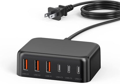 USB C Fast Charger, 100W GaN 6 Port Type C Charging Station Hub Block Cube, USB C Wall Charger Power Strip Adapter Plug for iPad iPhone 17 16 15 14 13 12 Pro Max Pixel Note Galaxy, 5ft Cord